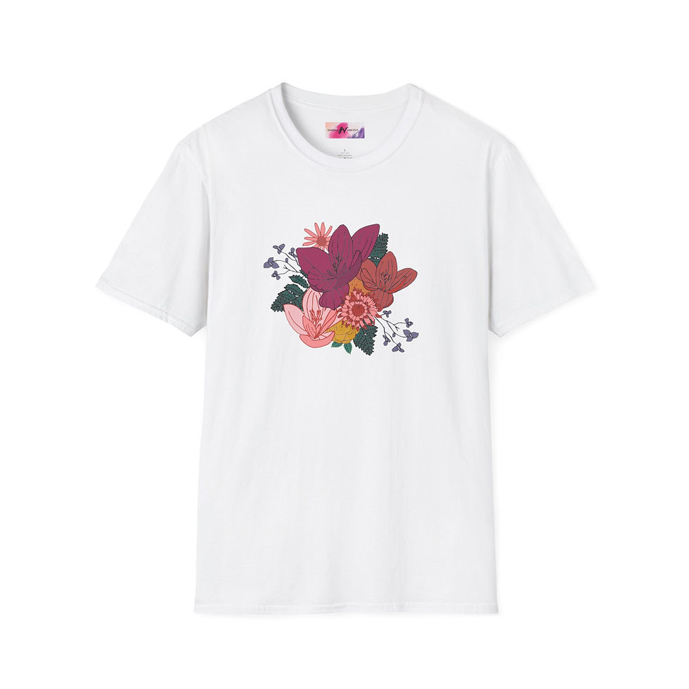 縮圖：Unisex Floral Bouquet Graphic Tshirt  |  Pink & Burgundy Botanical Tee