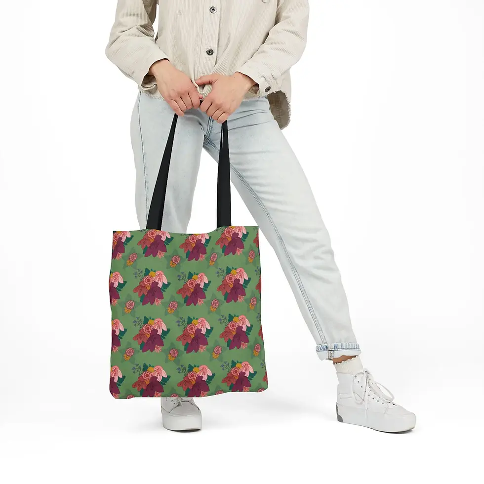 Miniaturbild: Green tote bag with abstract floral pattern