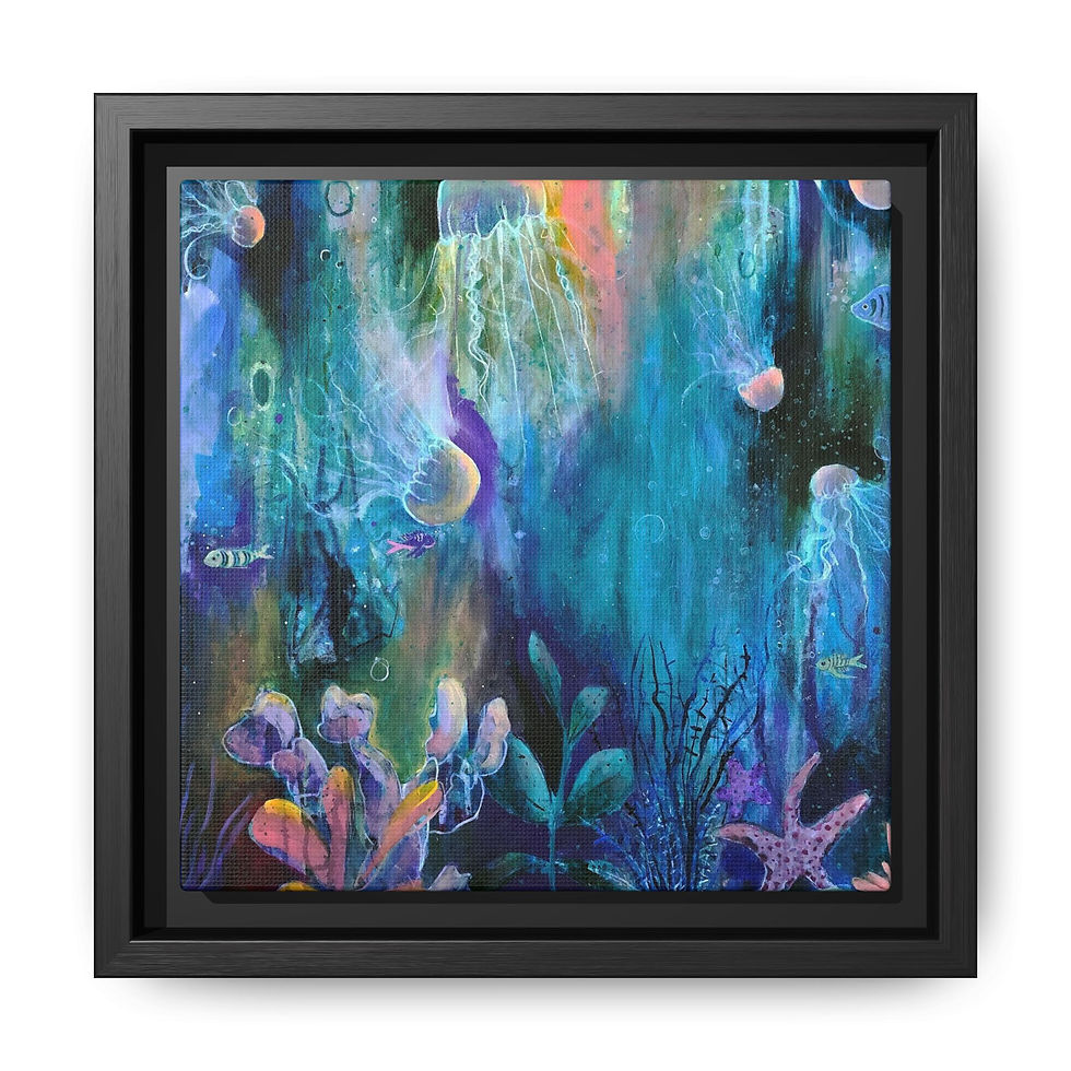 Thumbnail: Abstract painting of jellyfish and coral. This large colourful painting inspired by sea life