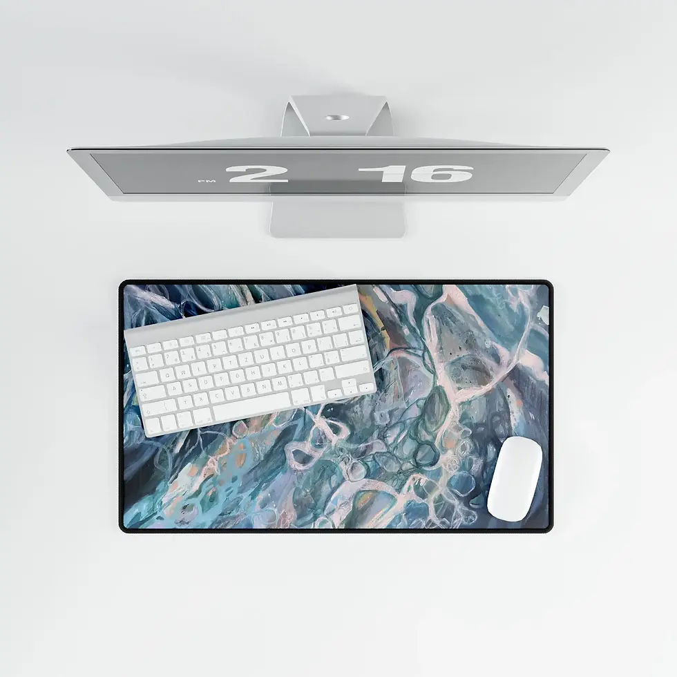 Thumbnail: Overhead desk setup with monitor, keyboard, mouse, and abstract mat