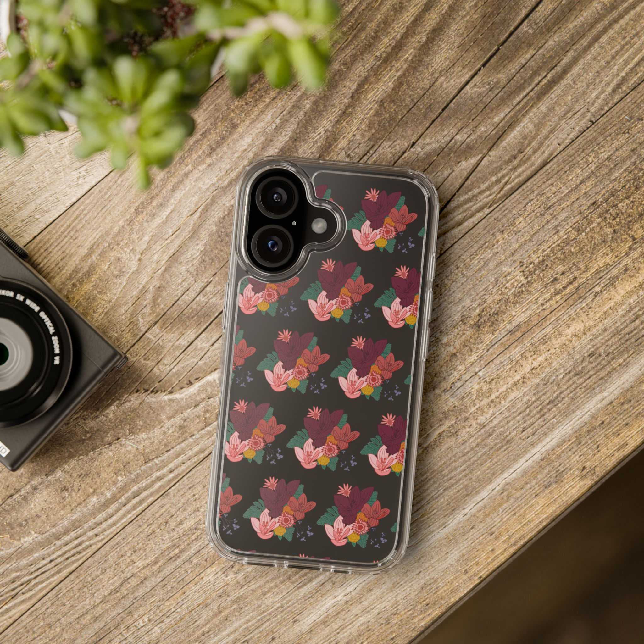 iPhone & Samsung Galaxy Clear Phone Case - Burgundy & Pink Floral Pattern