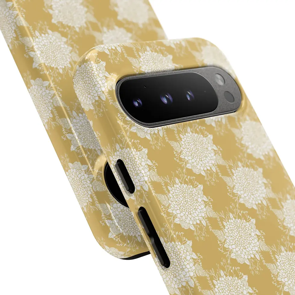 Miniaturbild: Smartphone with a light yellow case and white floral pattern