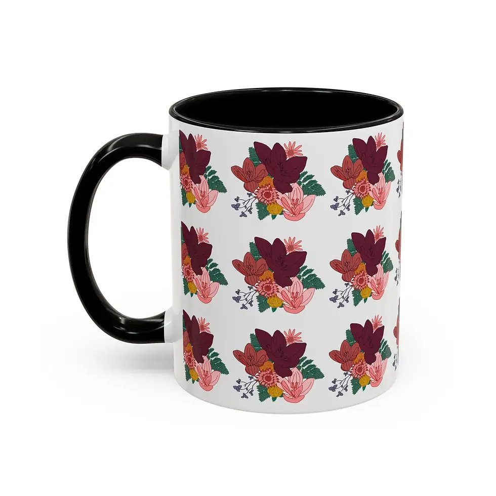 Thumbnail: Floral Bouquet Accent Coffee Mug |  Burgundy & Pink Floral Pattern (11/15oz)