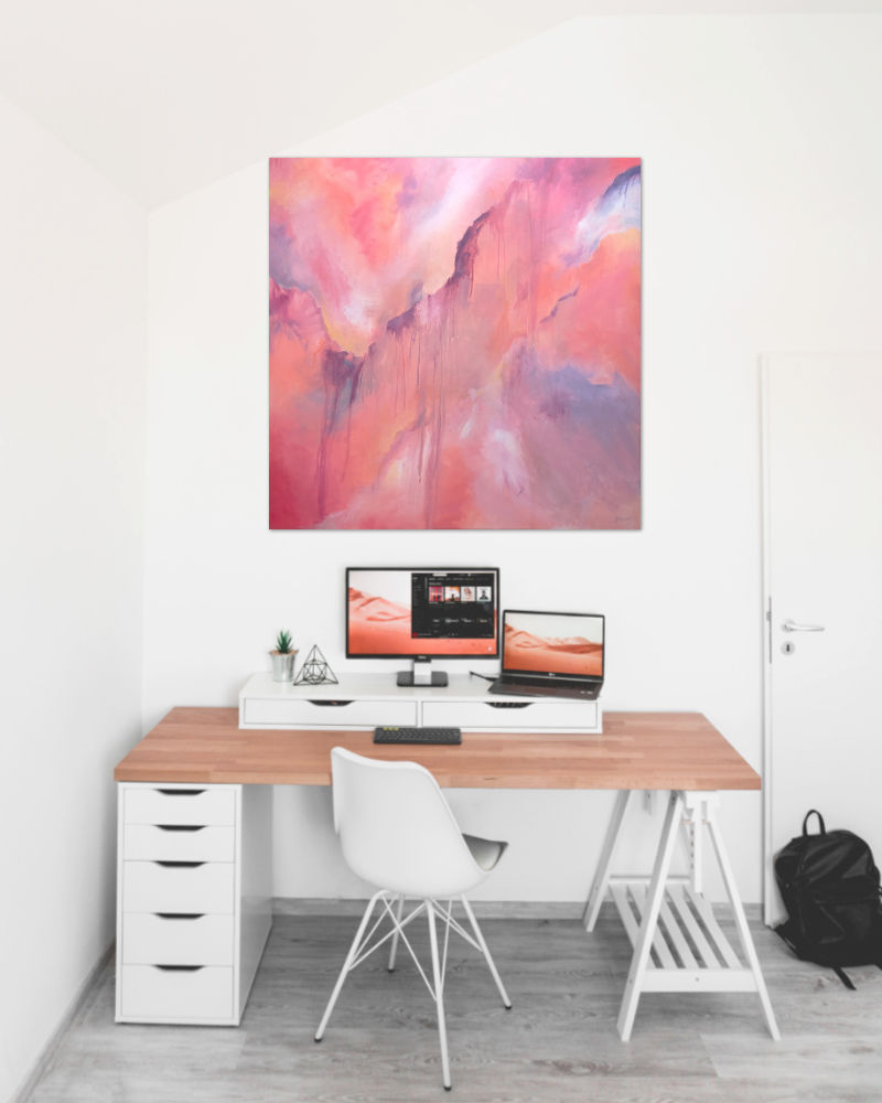 Orange abstract painting called Devotion by Sandra Vincent seen hanging on a study wall.
