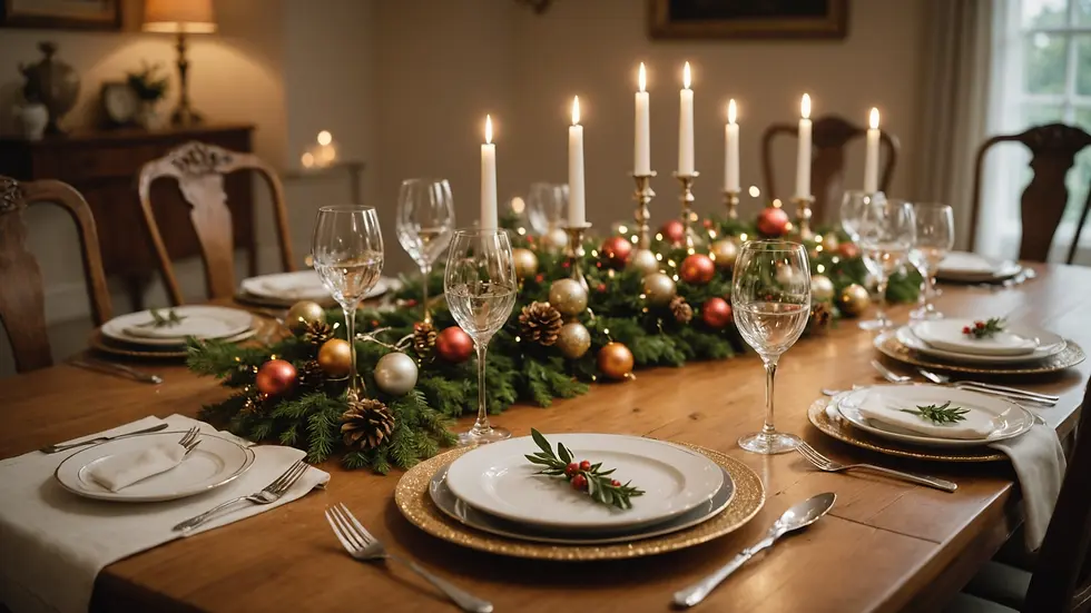 Eye-level view of a beautifully decorated dining table set for a holiday gathering