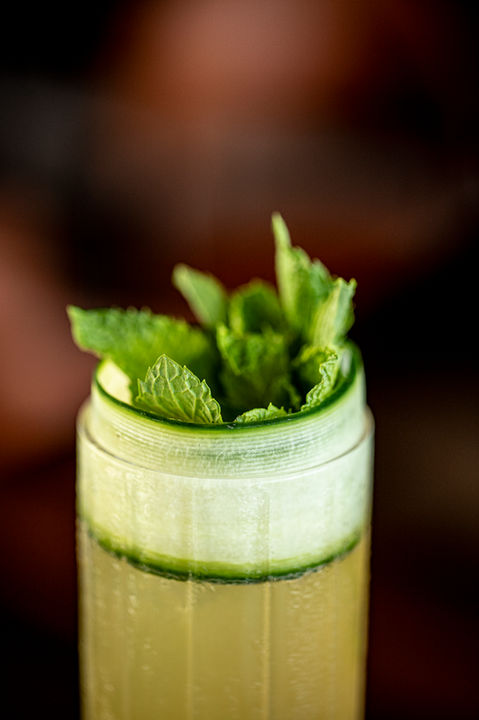 Signature cocktail stands on the table in the Italian Steakhouse in Fort Lee, New Jersey