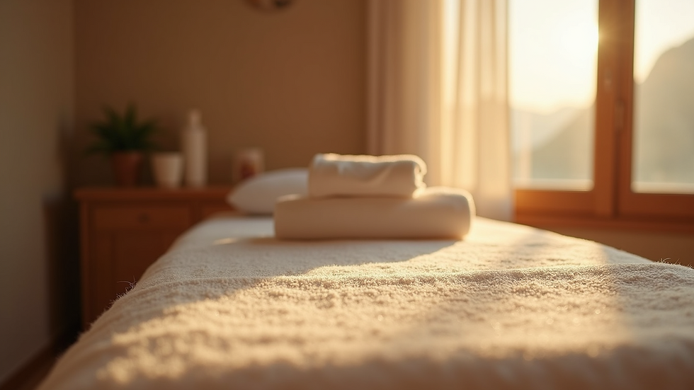 Close-up view of a peaceful massage room, featuring a massage table and soft lighting