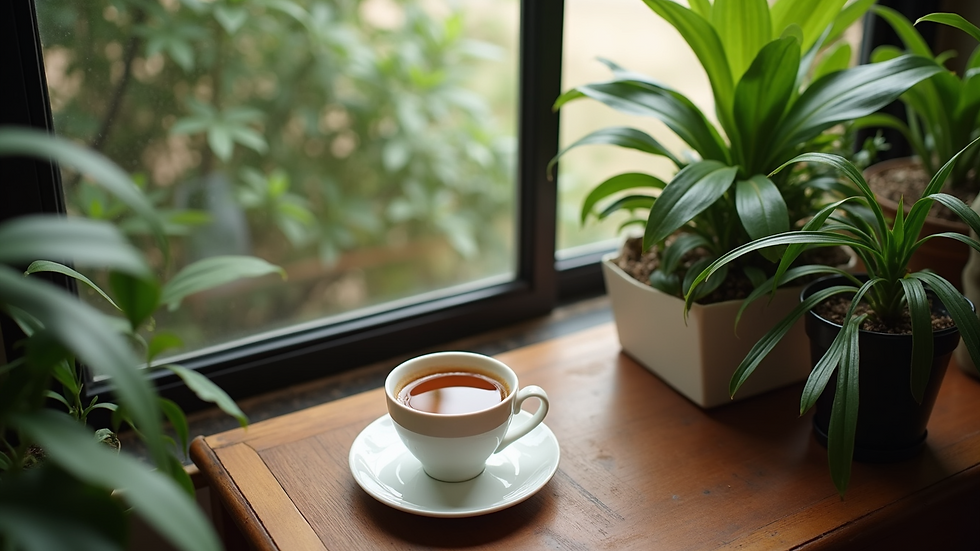 High angle view of a cozy corner with plants and a cup of tea