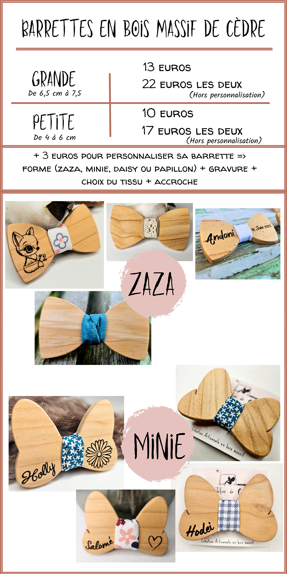 Miniature : Barrettes en bois de cèdre massif – Personnalisées & artisanales