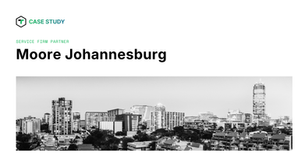 Case study page titled Moore Johannesburg with a black-and-white city skyline and high-rise buildings.