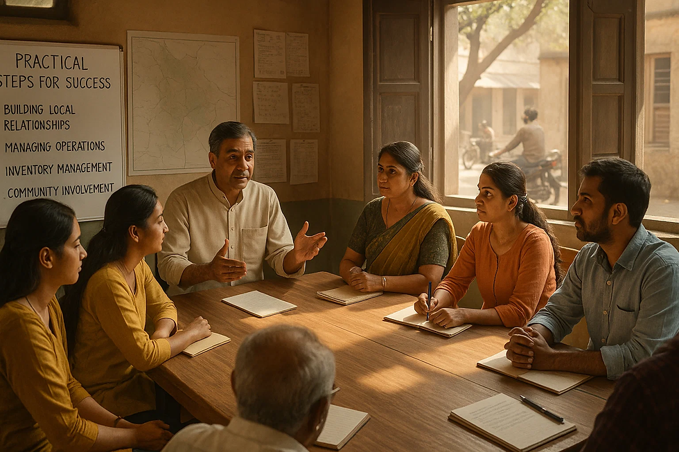 A group of diverse individuals seated around a table engaged in discussion in a meeting room.