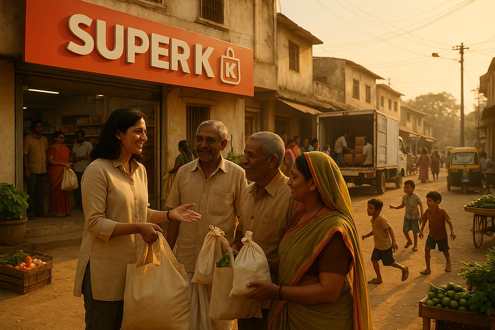 Superkart's ad campaign highlights the vibrant atmosphere of an Indian grocery store, celebrating its diverse offerings.