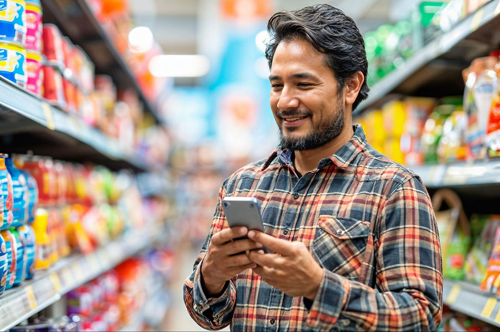 Man browsing his smartphone while shopping in a supermarket aisle filled with various products.