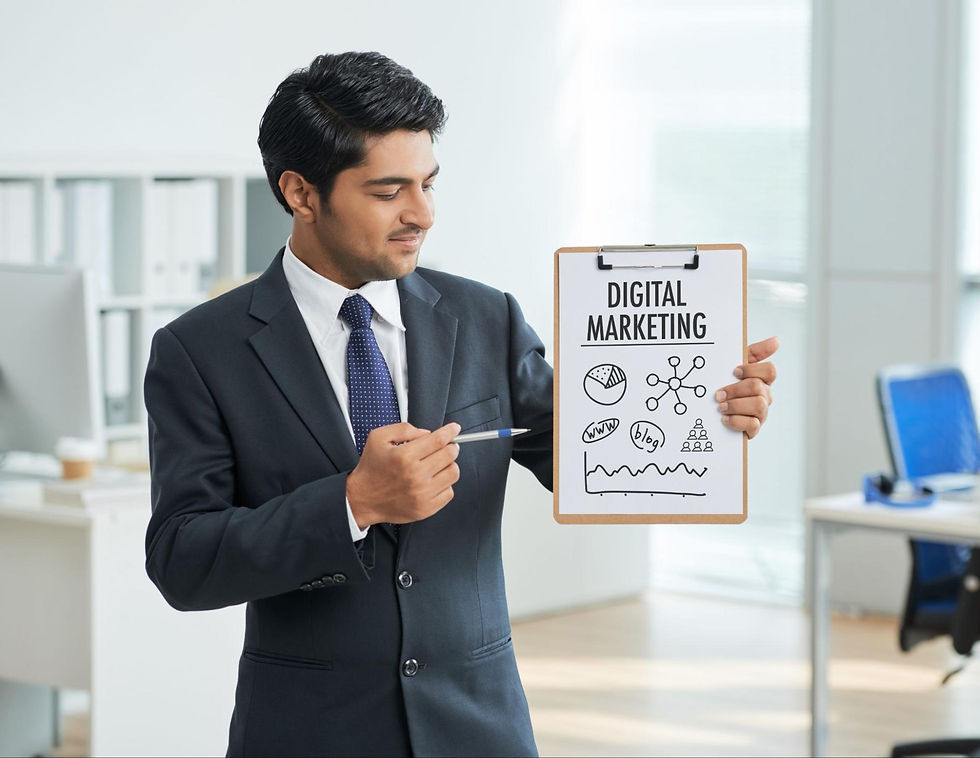 Indian businessman holding a clipboard, illustrating a social media marketing concept in a professional setting.