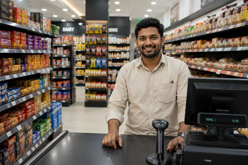 Smiling cashier stands at a supermarket checkout, with stocked aisles and DAIRY signs behind him.