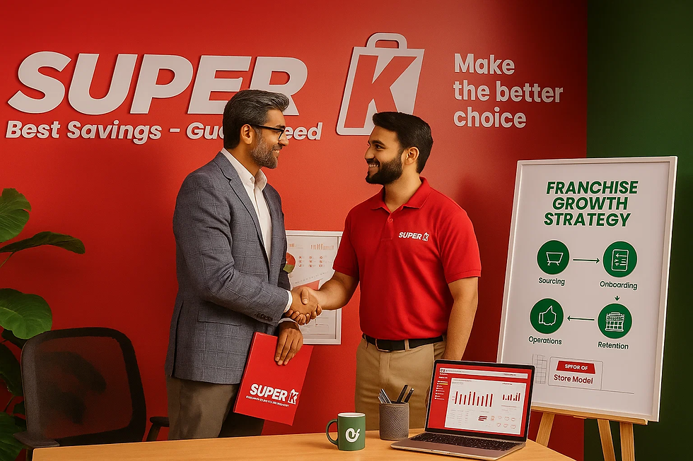 Two men shaking hands in front of a red sign that reads "Super K."