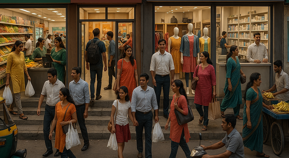 A group of people walking in front of a store, engaged in conversation and enjoying their time outdoors.