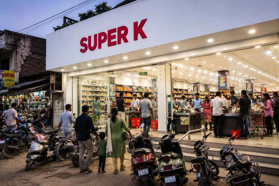 Busy SUPER K supermarket at dusk, shoppers entering bright glass storefront; scooters parked outside.