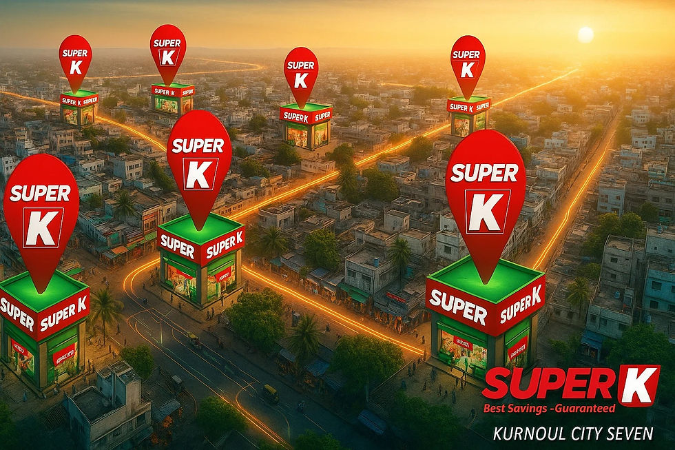 Aerial view of a city with multiple Super K stores marked by large red pins. Streets glow with orange lights. Text: "Super K, Best Savings."