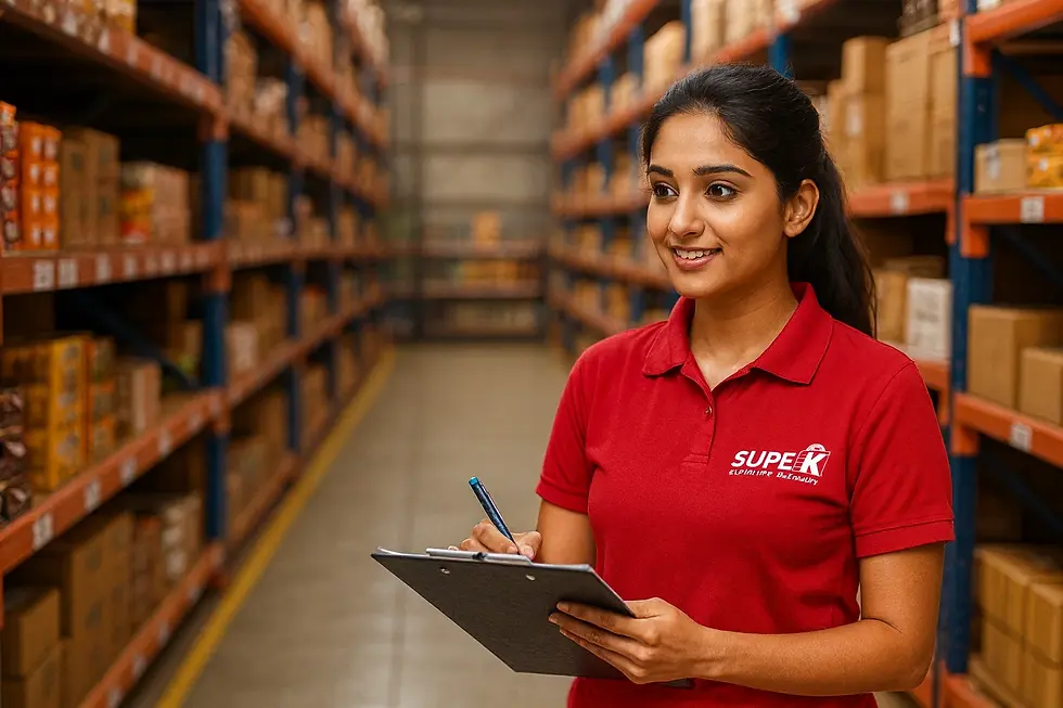 Woman in a red shirt with "SUPEK" logo smiles while holding a clipboard in a warehouse aisle filled with boxes on shelves.