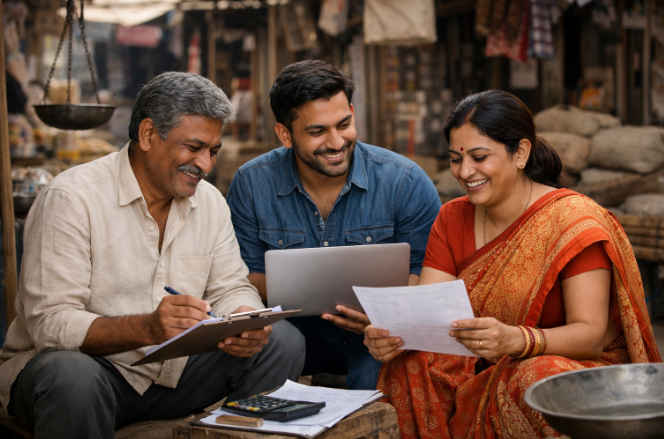 Three people in a market, smiling while reviewing papers and using a laptop. The woman wears a red sari. Bags and scales are in the background.