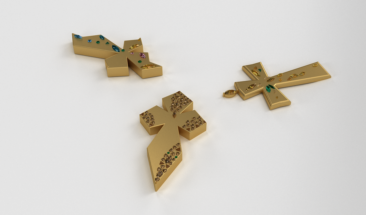 Sculptural gold form with unconventional diamond placement, designed as a customizable base 