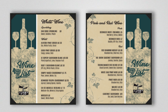 Wine Menu - Corner Pub, Brentwood