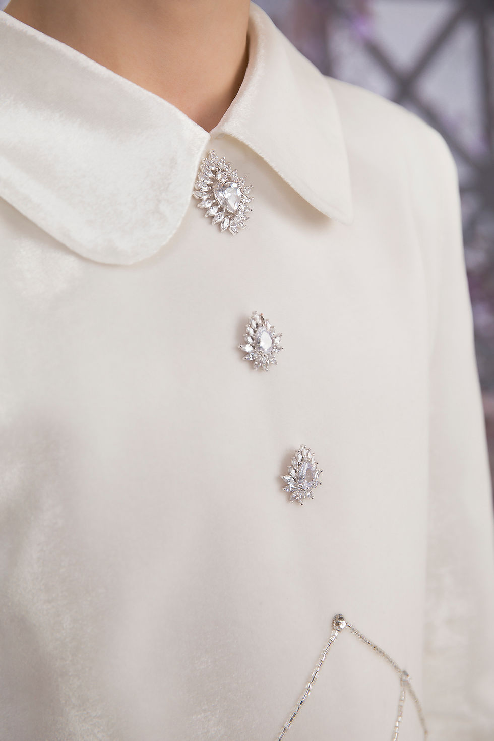 Thumbnail: WHITE SILK VELVET DRESS WITH A VOLANT