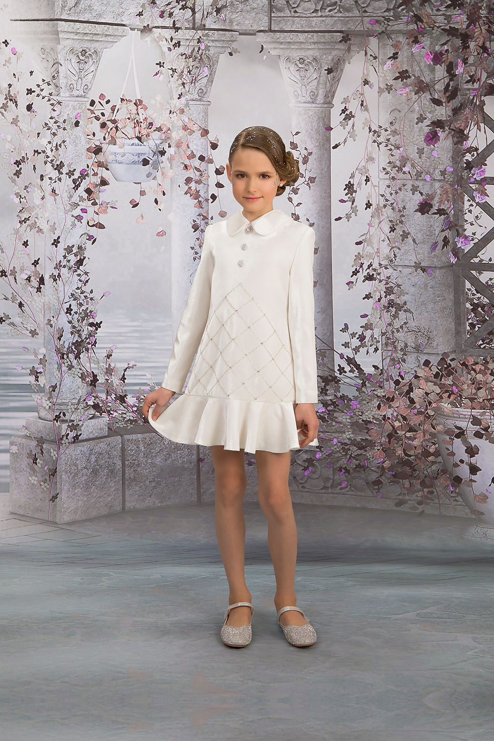 Thumbnail: WHITE SILK VELVET DRESS WITH A VOLANT