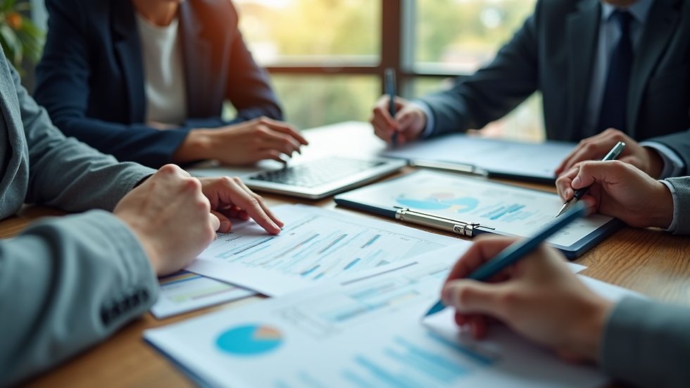 High angle view of a HACCP team meeting with charts and laptops
