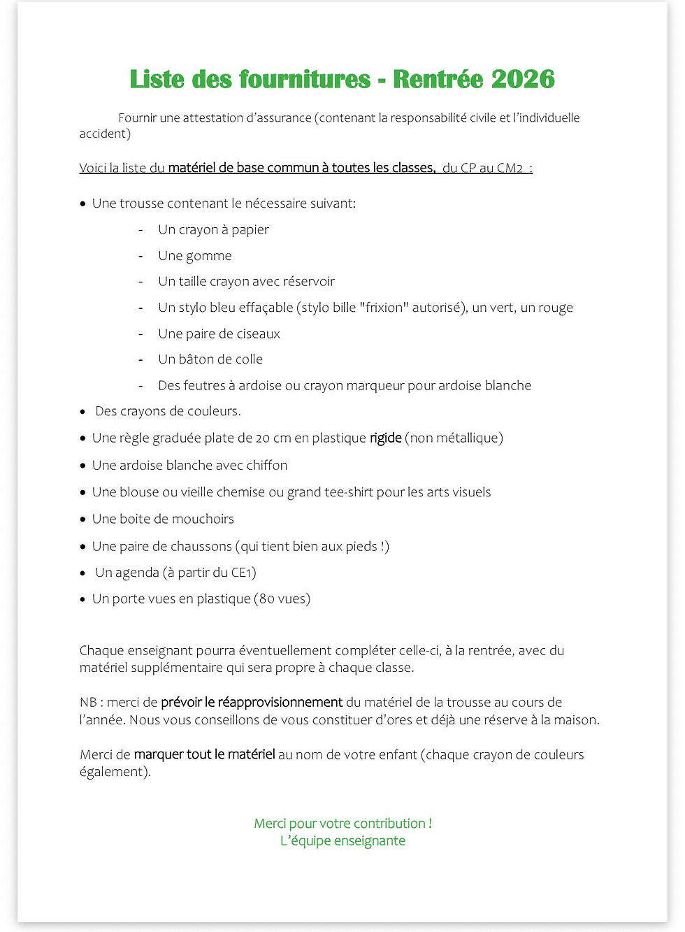 Liste des fournitures Scolaires - Rentrée 2026