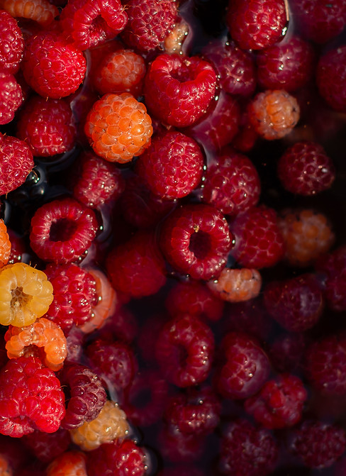 Raspberries shimmering in summer