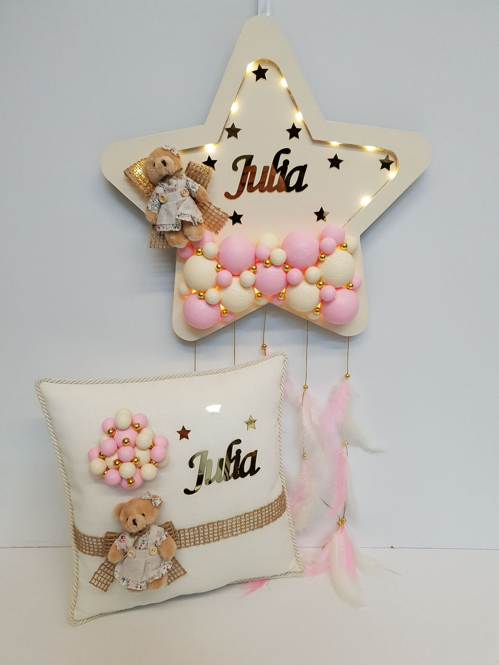 Bubble LEDLİ yıldız bebek kapı süsü ve yastık takımı krem pembe