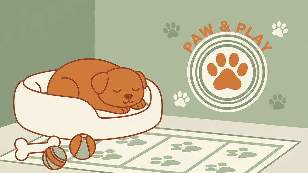 Eye-level view of a cozy puppy corner with toys and a soft bed