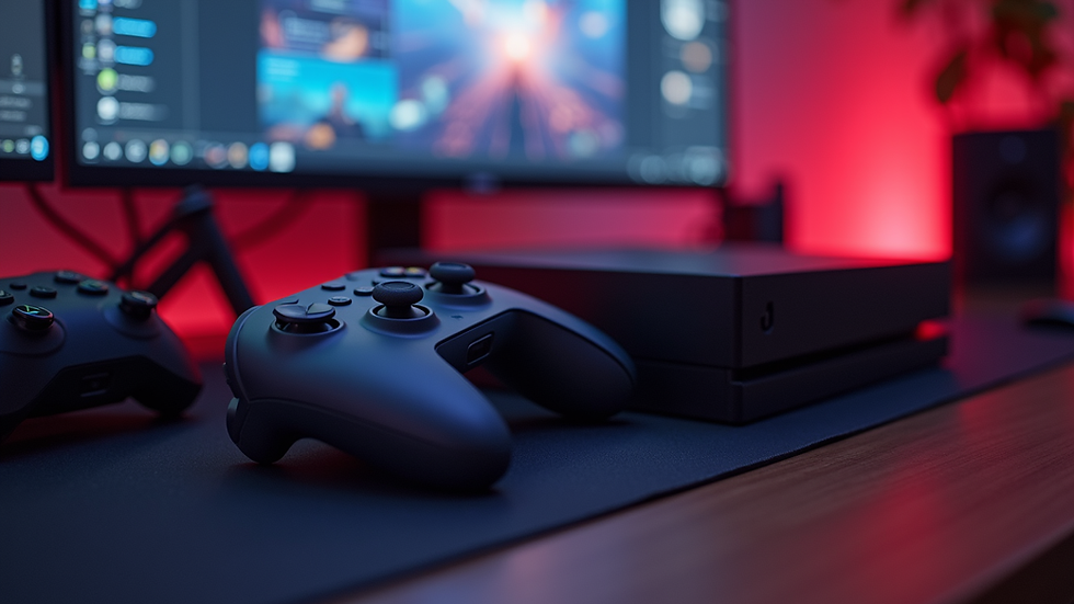 Eye-level view of a gaming setup with a high-end console and accessories