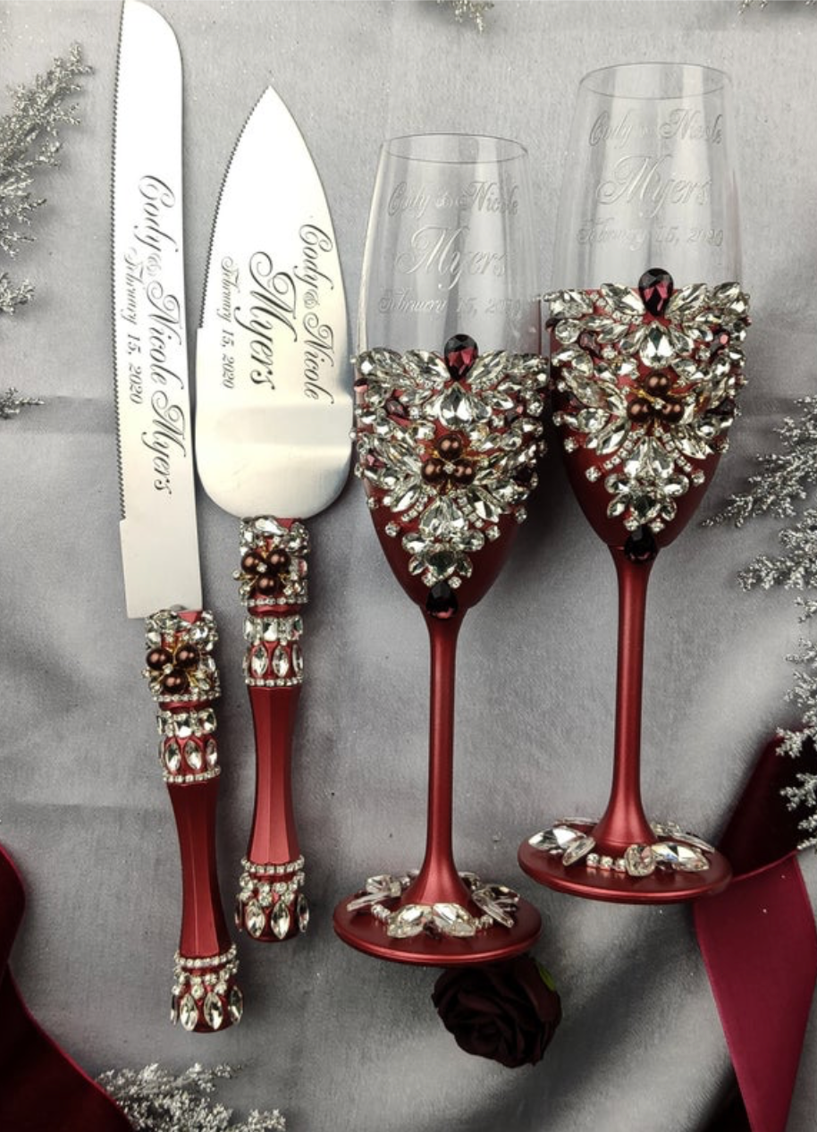 Thumbnail: Burgundy Cake Serving Set with Toasting Cups