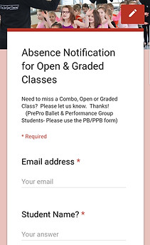 Screenshot of Absence Notification for Open Classes form, absence form