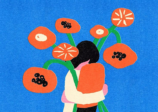 um menino abraçando outro com flores ao redor deles, com o cabelo dos dois se fundindo, como se fossem uma pessoa só