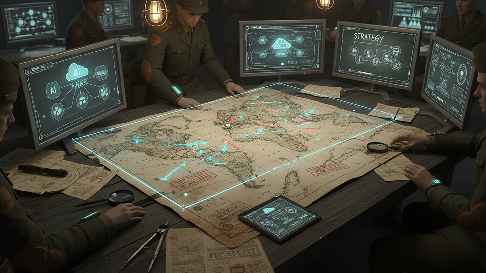 Eye-level view of a strategic war room with digital maps and charts