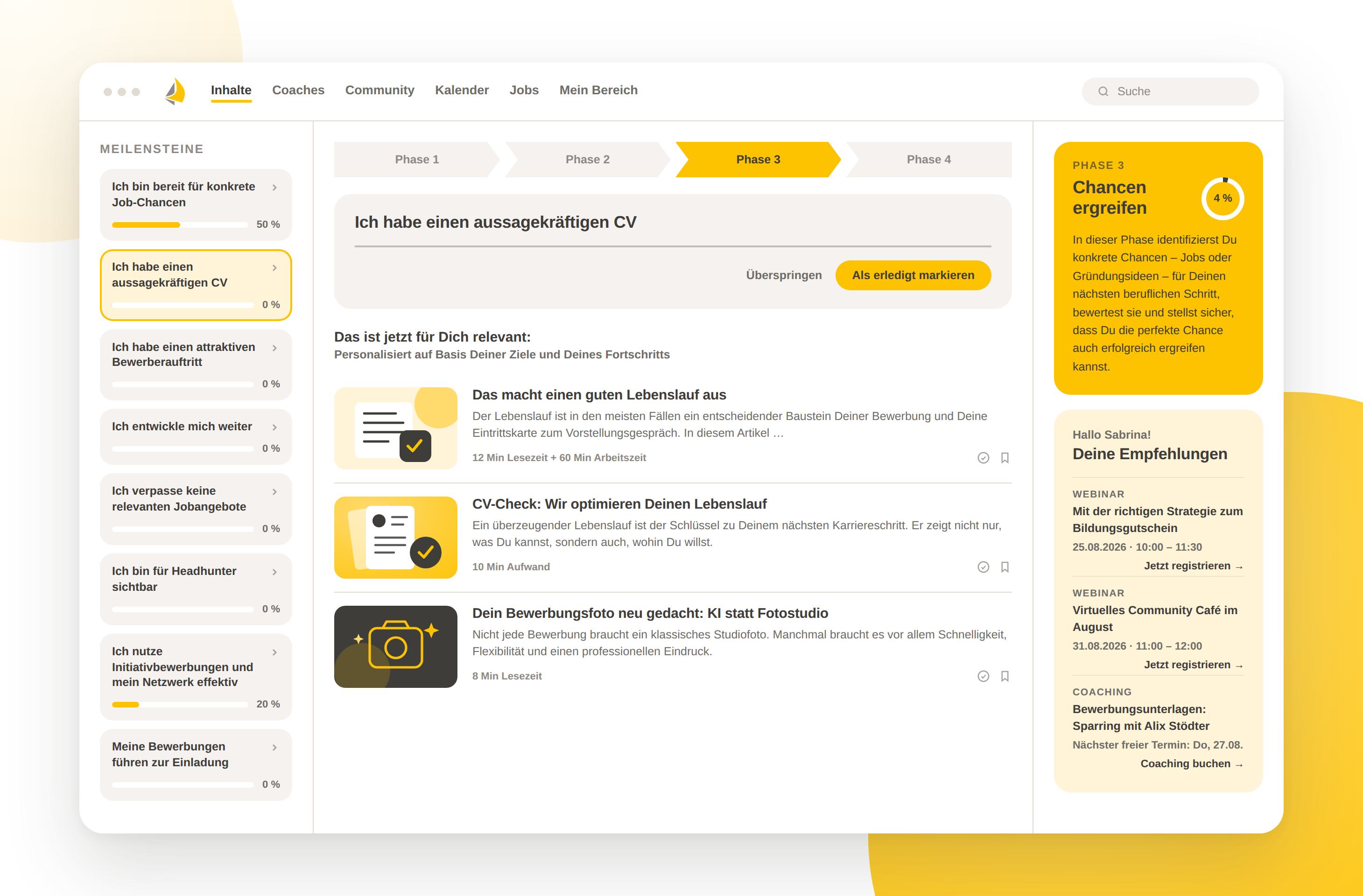 Plattform-Dashboard: Meilensteinübersicht und CV-Check