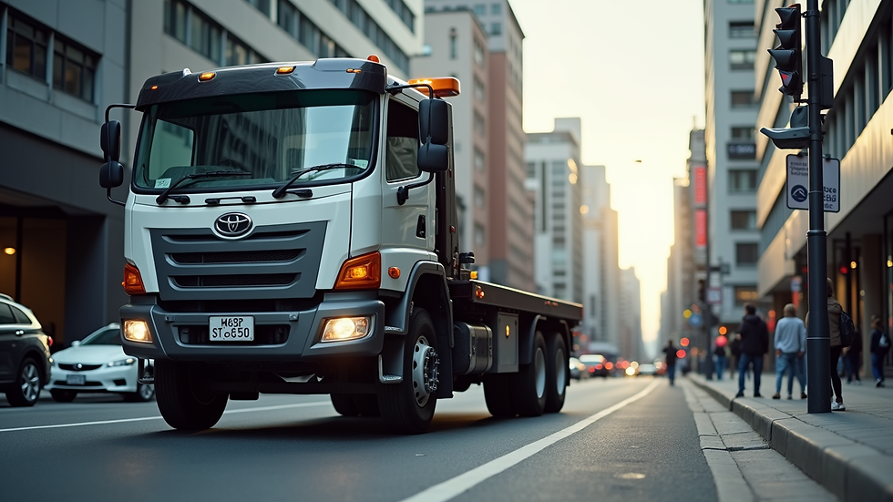 Eye-level view of a tow truck parked on a busy Auckland street