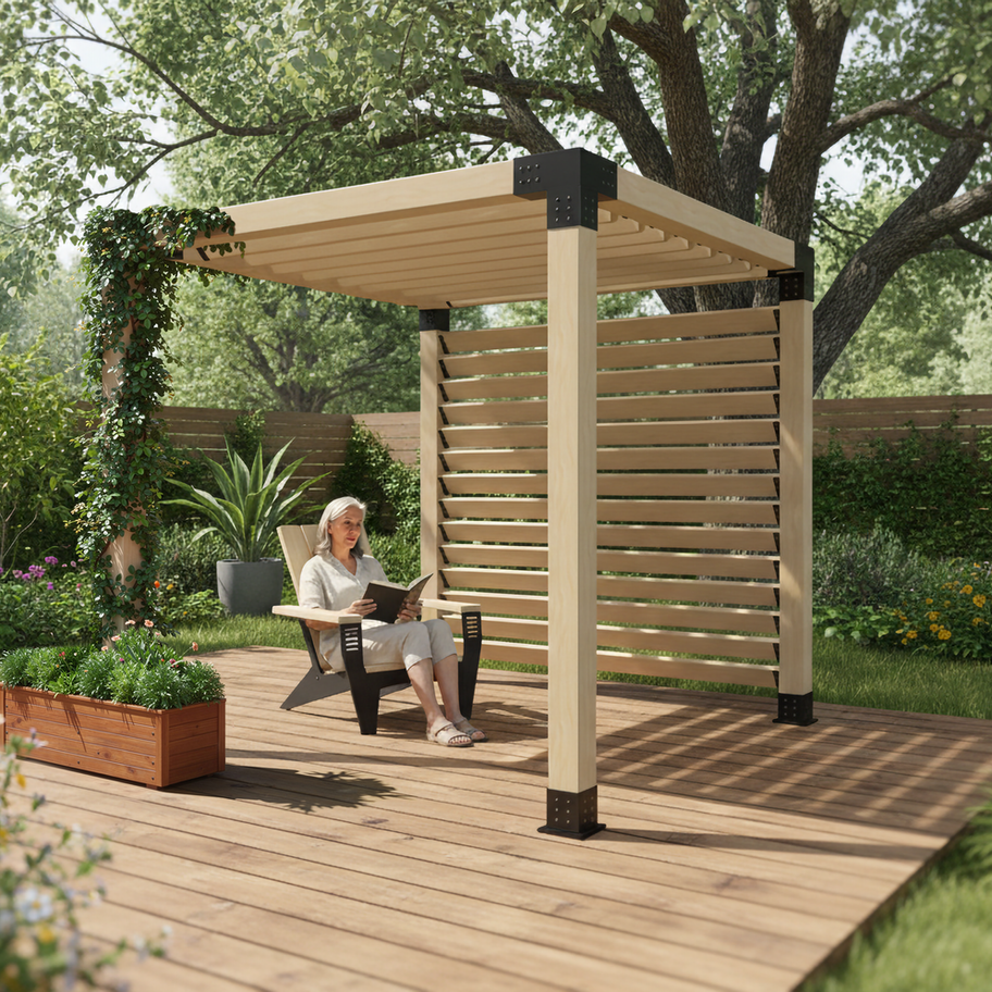 Pergola sur patio de bois, coin lecture calme et intime.