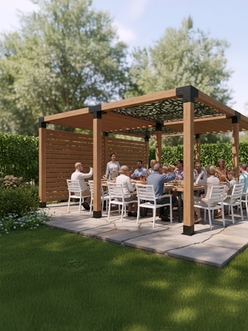 Repas sous la pergola d'un grand groupe.