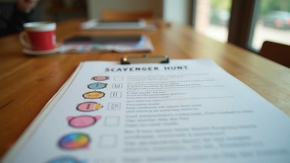 Eye-level view of a colorful scavenger hunt checklist on a wooden table