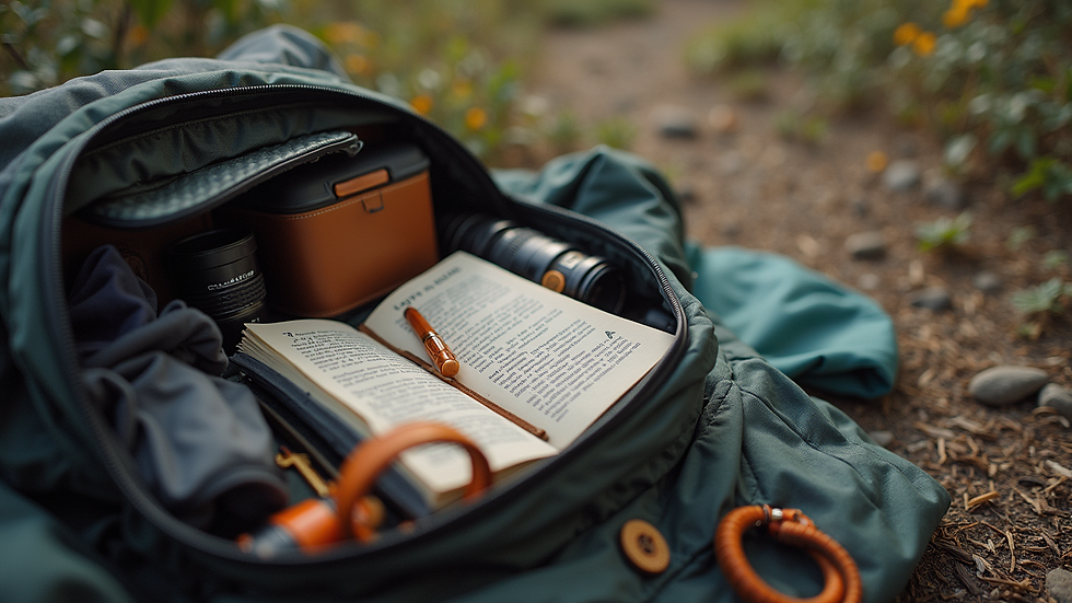 Eye-level view of a personalized adventure kit filled with outdoor gear and a journal