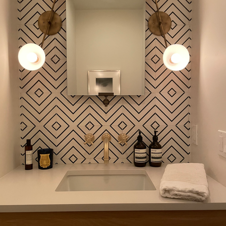 Powder room accent tile, apparatus lighting, custom bath design sun valley idaho 