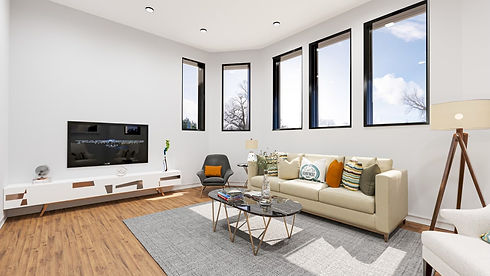 Interior rendering of a model unit at The Pointe at Kenwood, showcasing a modern living room with large windows, natural light, and contemporary furnishings. Managed by The EMM Group LLC in Chicago