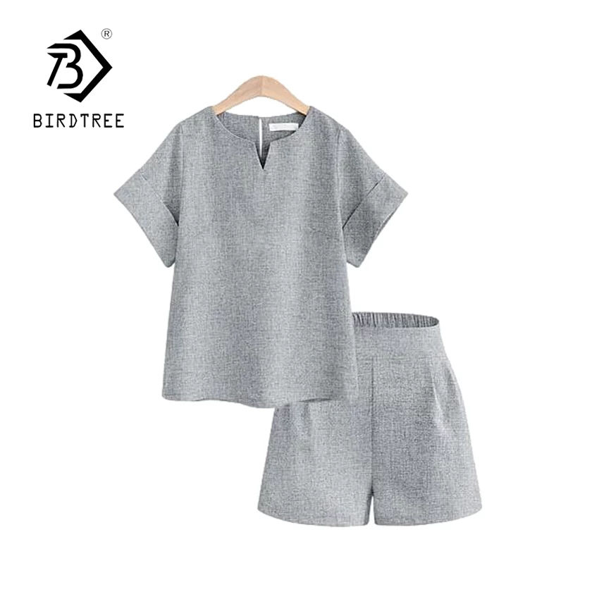 Thumbnail: Two Pieces Set Female V-Neck Short Sleeves Shirt & Shorts