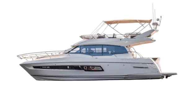 Side view of a luxurious white yacht with a modern design, showcasing its elegant structure, ideal for boat rental in Tampa.