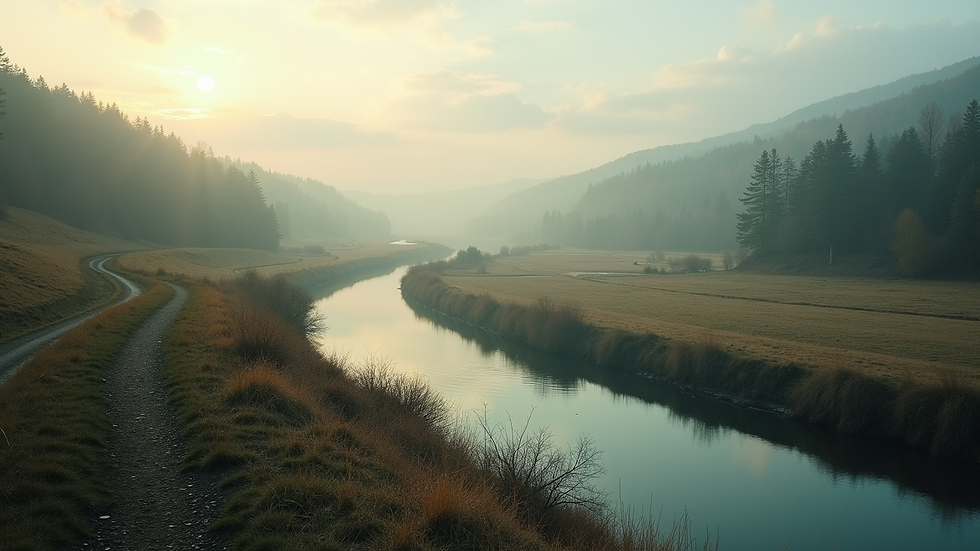 High angle view of a serene landscape with a winding river